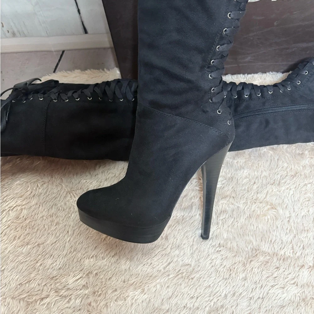 bebe Black Lace-Up Over-the-Knee Stiletto Boots